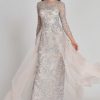 Clothing Teri Jon | Long Sleeve Beaded Tulle With Tulle Overskirt Blush Multi