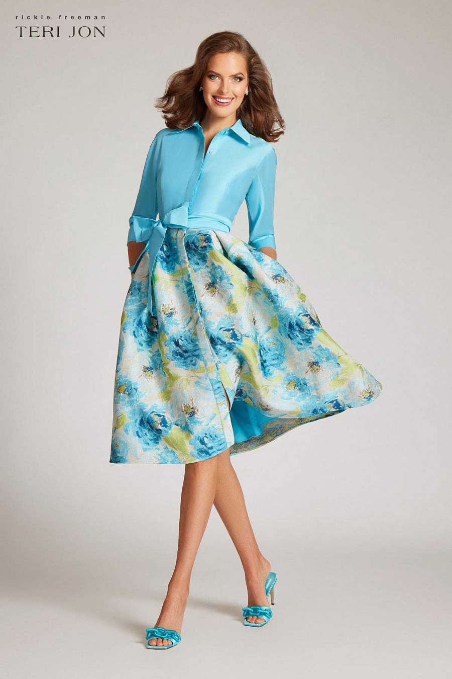 Clothing Teri Jon | Taffeta Floral Jacquard Shirt Dress Aqua Multi