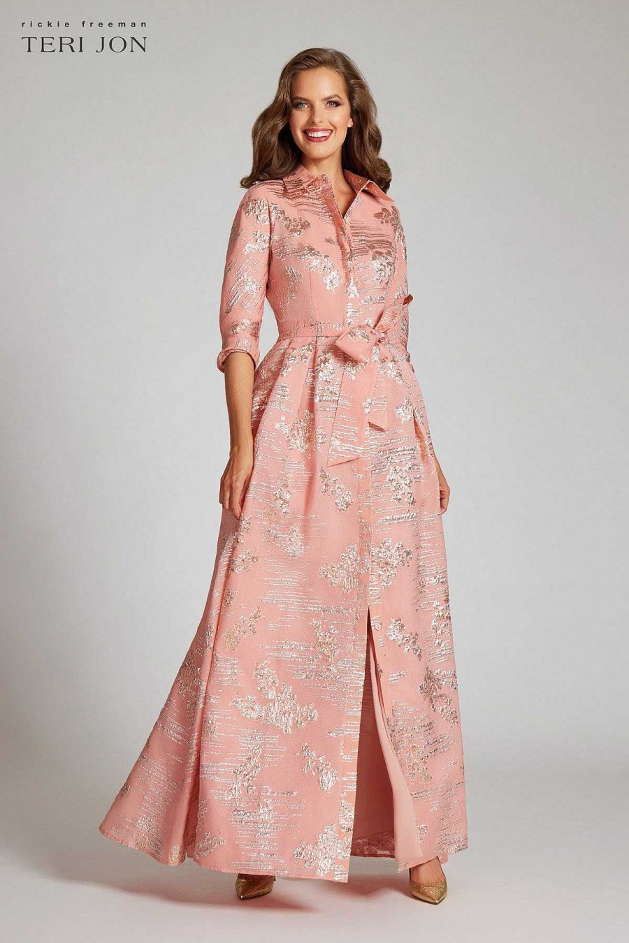 Clothing Teri Jon | Metallic Jacquard Organza Shirtdress Peach