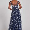 Clothing Teri Jon | Embroidered Lace Illusion Gown Navy/Silver