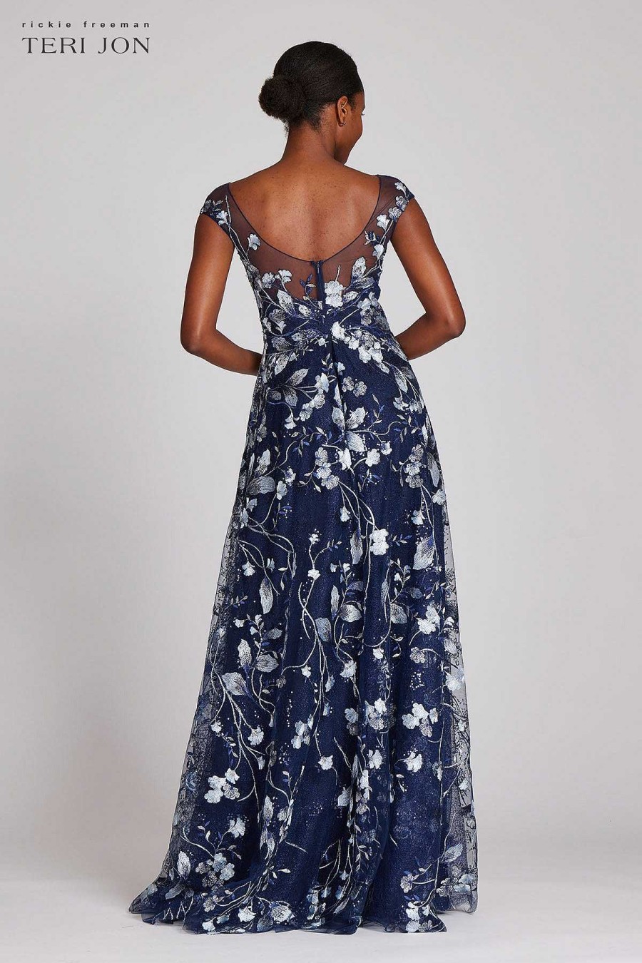 Clothing Teri Jon | Embroidered Lace Illusion Gown Navy/Silver