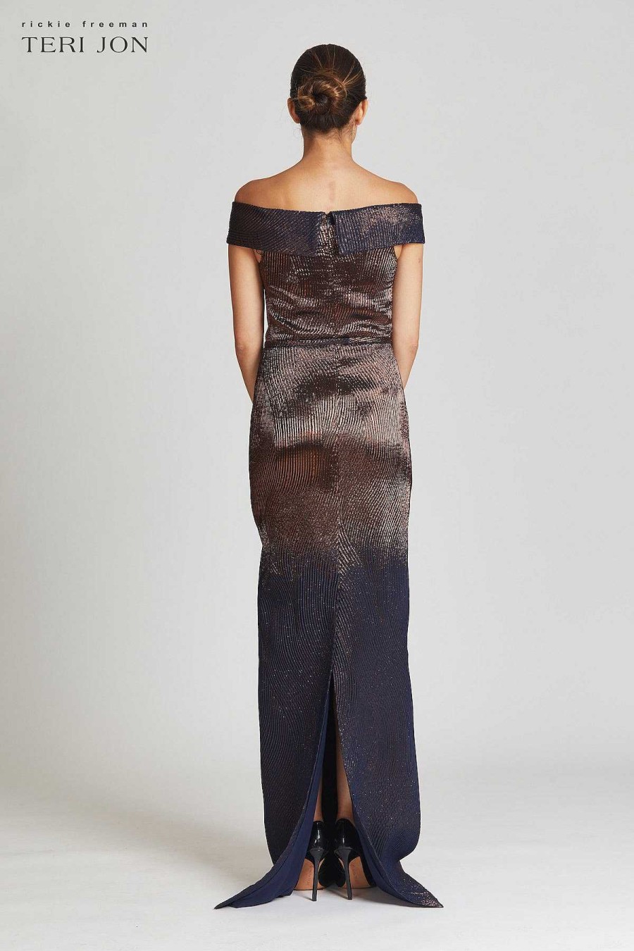 Clothing Teri Jon | Metallic Ribbed Jacquard Off Shoulder Gown