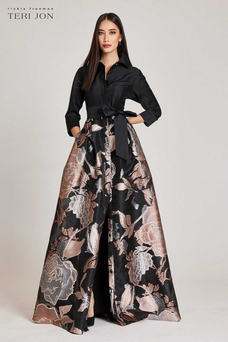 Clothing Teri Jon | Taffeta And Large Floral Metallic Jacquard Shirtdress Gown Black Multi