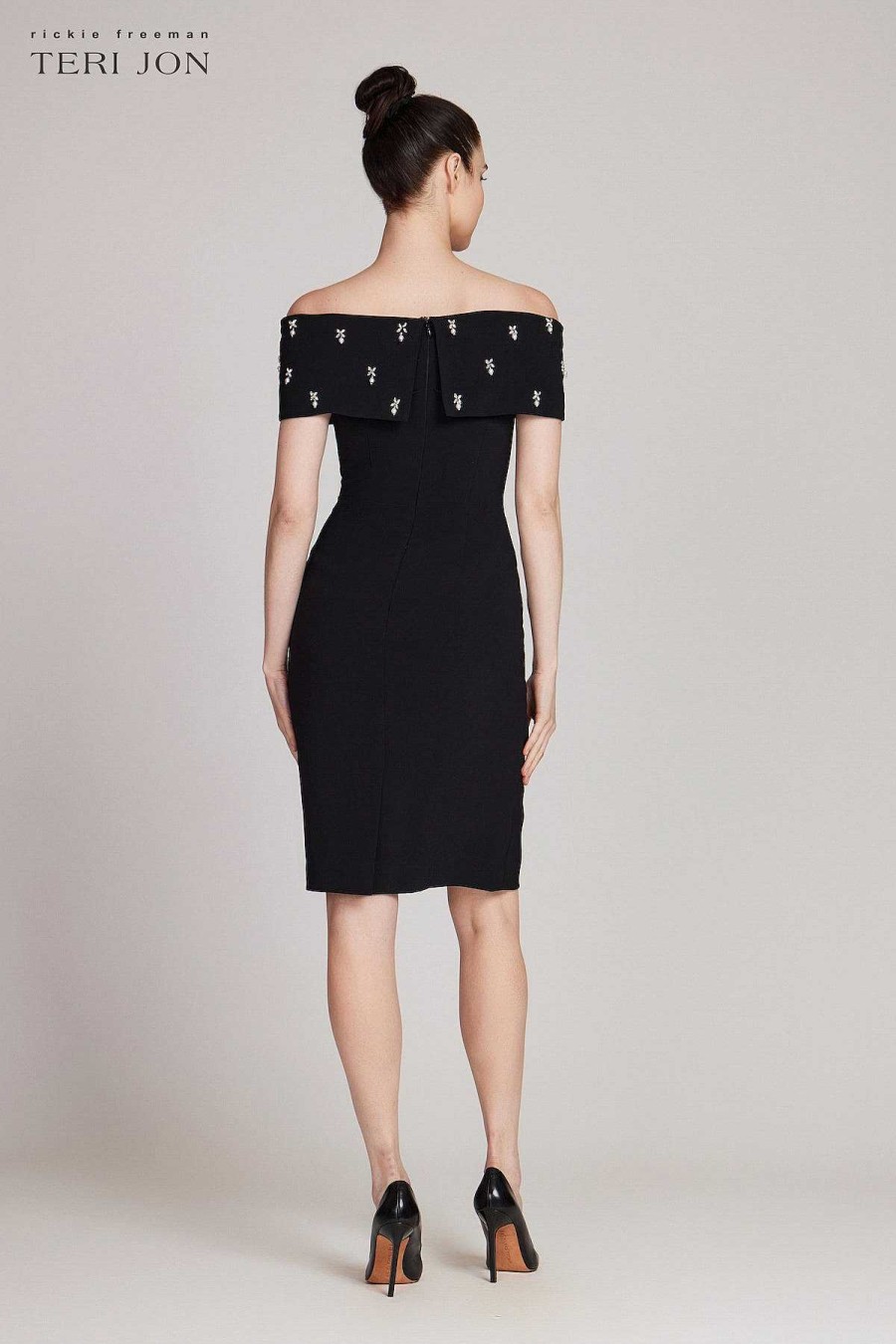 Clothing Teri Jon | Crepe Off Shoulder Jewel Trim Portrait Dress Black