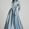 Clothing Teri Jon | Taffeta Shirtdress Gown With Eyelet Sleeve And Collar Slate