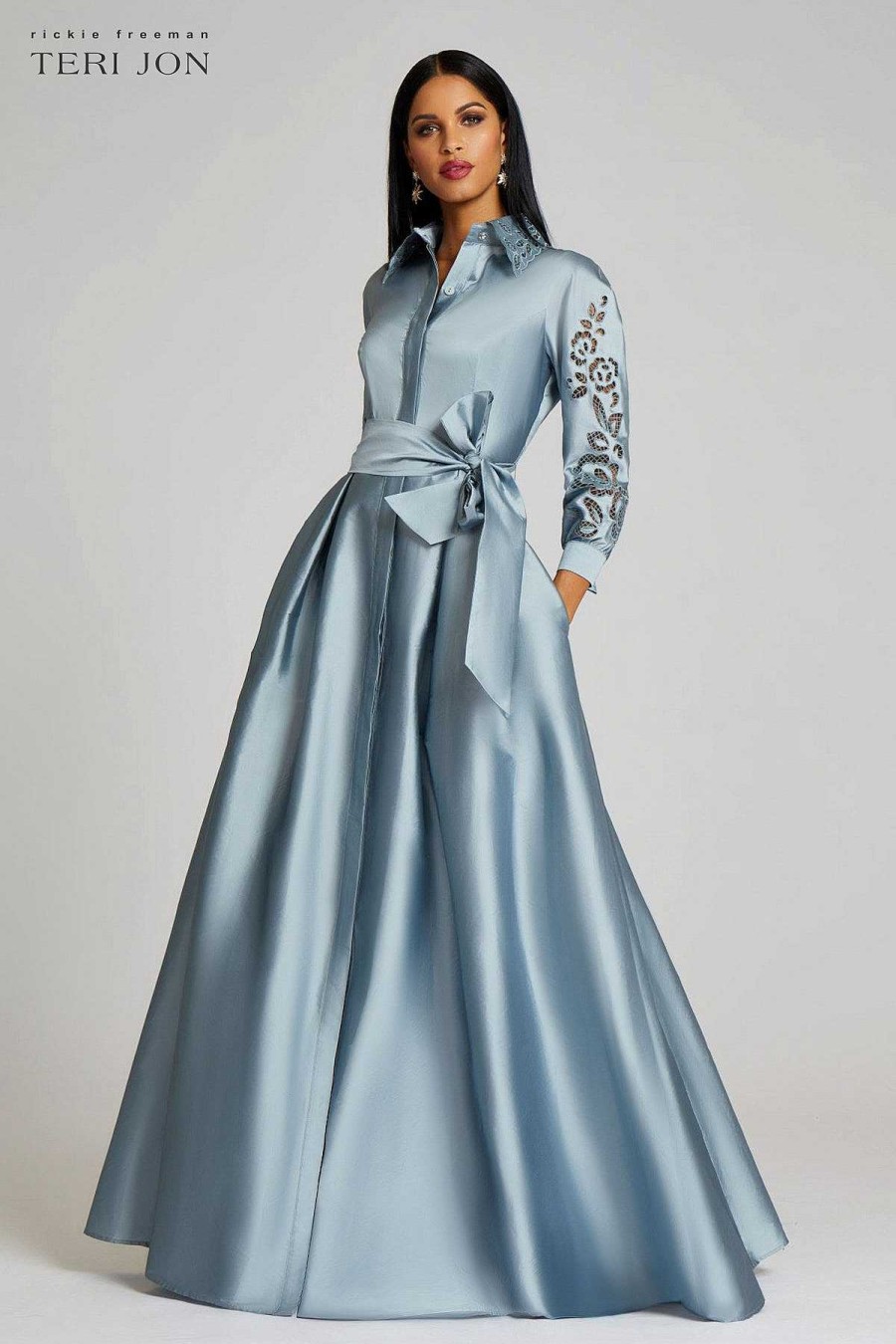 Clothing Teri Jon | Taffeta Shirtdress Gown With Eyelet Sleeve And Collar Slate