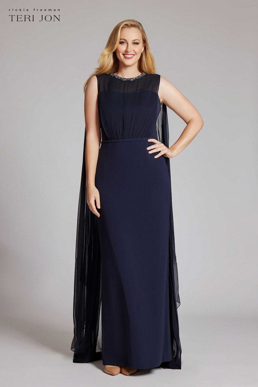 Clothing Teri Jon | Jewel Necklace Sleeveless With Chiffon Cape Navy