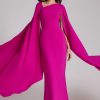 Clothing Teri Jon | Crepe Asymmetrical Neck Gown With Cape Sleeve Cerise