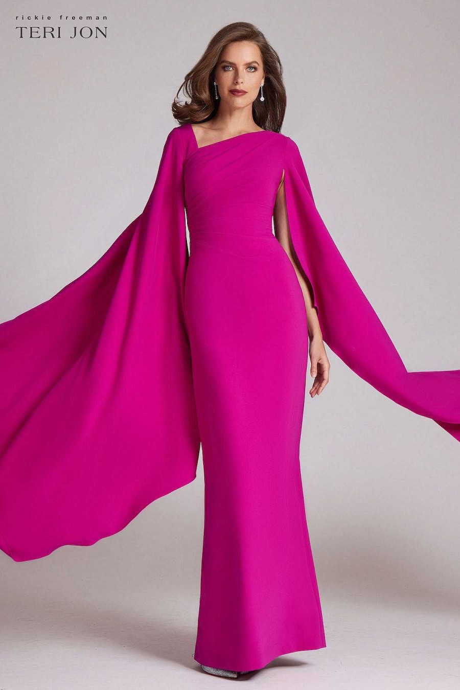 Clothing Teri Jon | Crepe Asymmetrical Neck Gown With Cape Sleeve Cerise