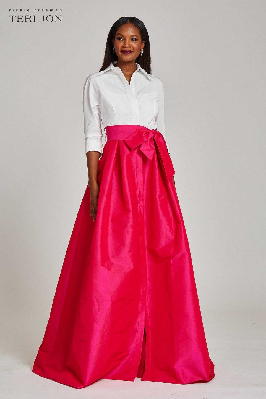 Clothing Teri Jon | Taffeta Shirt Gown With White Top And Bright Color Skirt