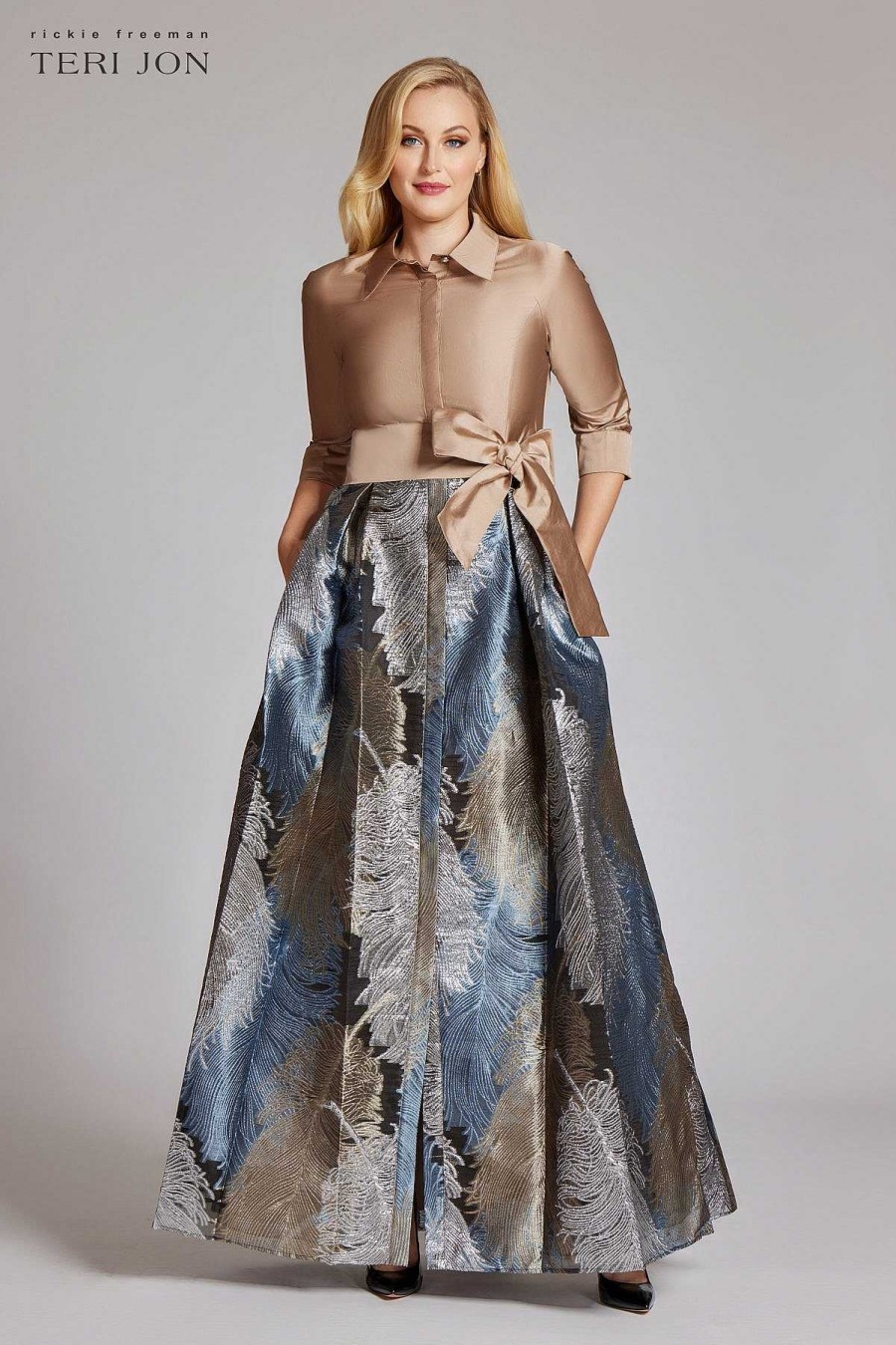 Clothing Teri Jon | Taffeta Shirt Gown With Feather Pattern Gold Multi