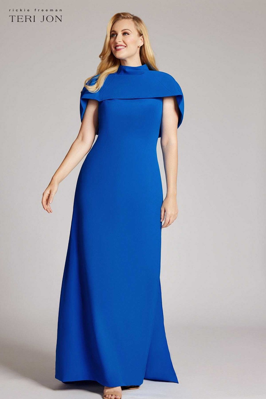 Clothing Teri Jon | Crepe Caplet Column Gown With Snap Off Train Azure