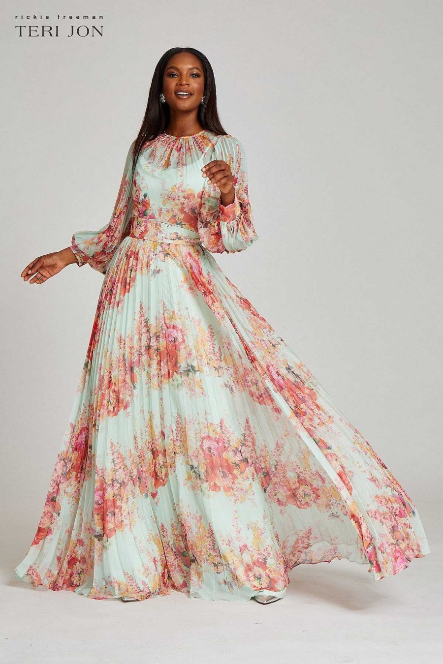 Clothing Teri Jon | Floral Printed Pleated Sleeve And Skirt Maxi Gown