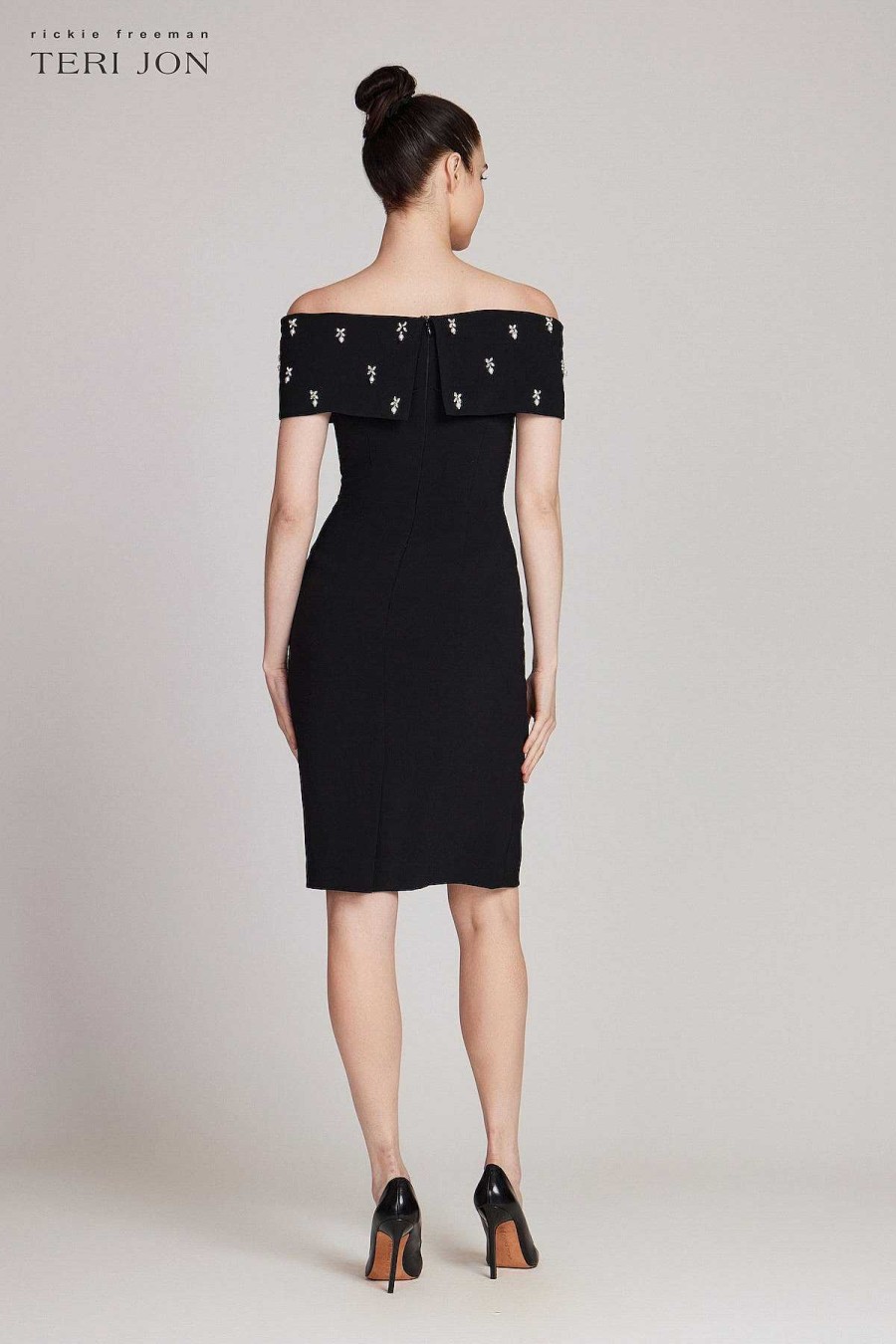 Clothing Teri Jon | Crepe Off Shoulder Jewel Trim Portrait Dress Black