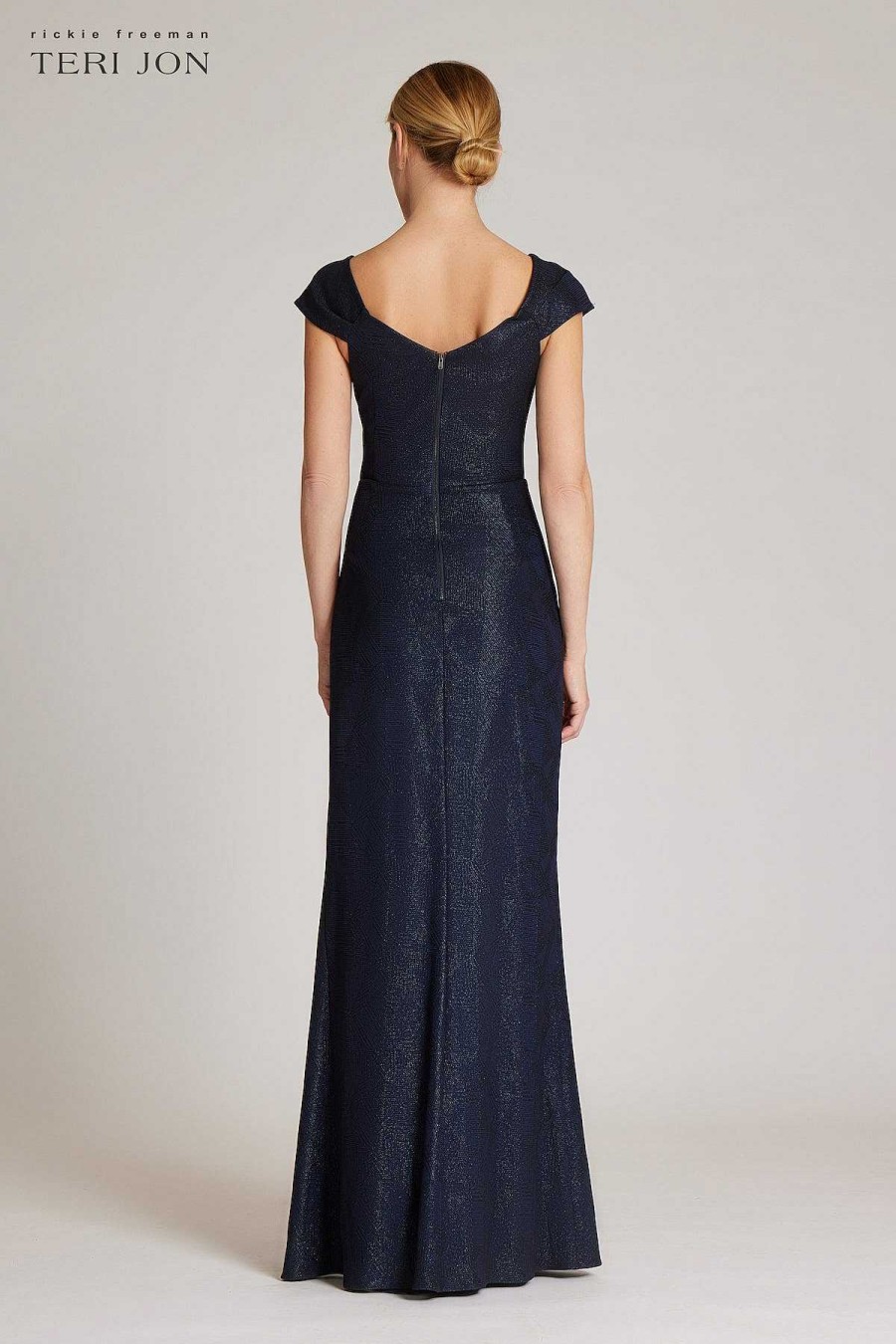 Clothing Teri Jon | Metallic Jacquard Asymmetrical Shoulder Gown