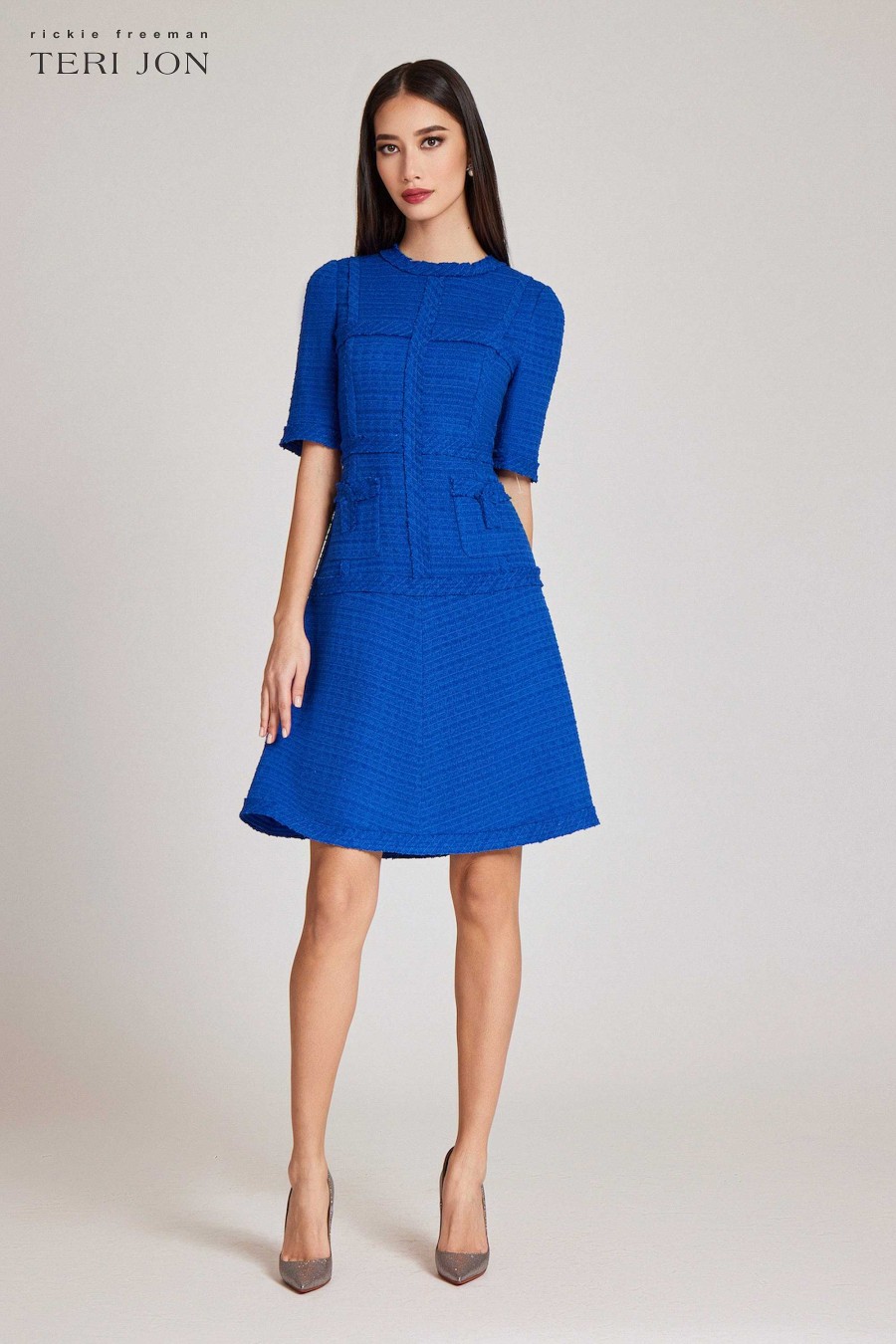 Clothing Teri Jon | Tweed Geometric Stripe Dress Cobalt