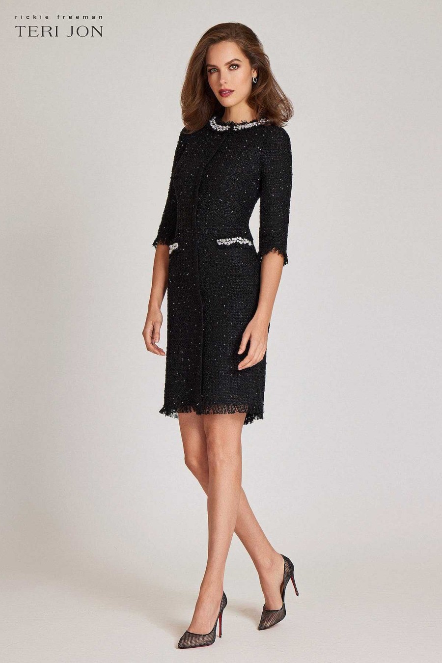 Clothing Teri Jon | Metallic Boucle Pearl Trim Cocktail Dress Black