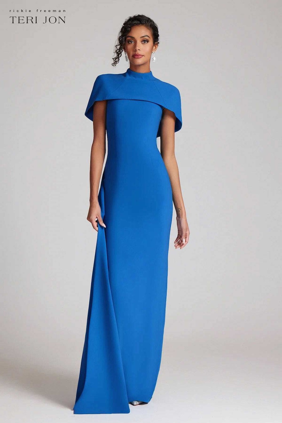 Clothing Teri Jon | Crepe Caplet Column Gown With Snap Off Train Azure