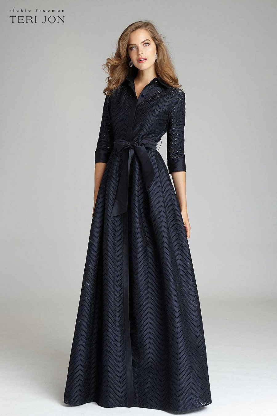 Clothing Teri Jon | Shirt Waist Taffeta Chevron Pattern Eyelet Gown