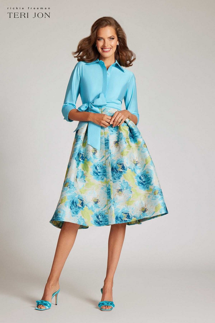 Clothing Teri Jon | Taffeta Floral Jacquard Shirt Dress Aqua Multi