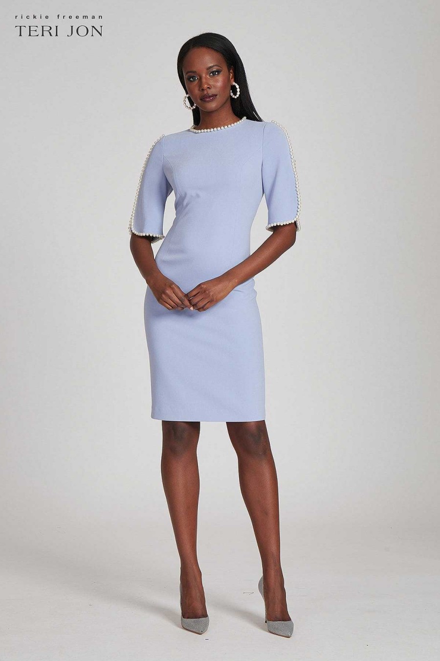 Clothing Teri Jon | Short Sleeve Pearl Trim Crepe Sheath Dress