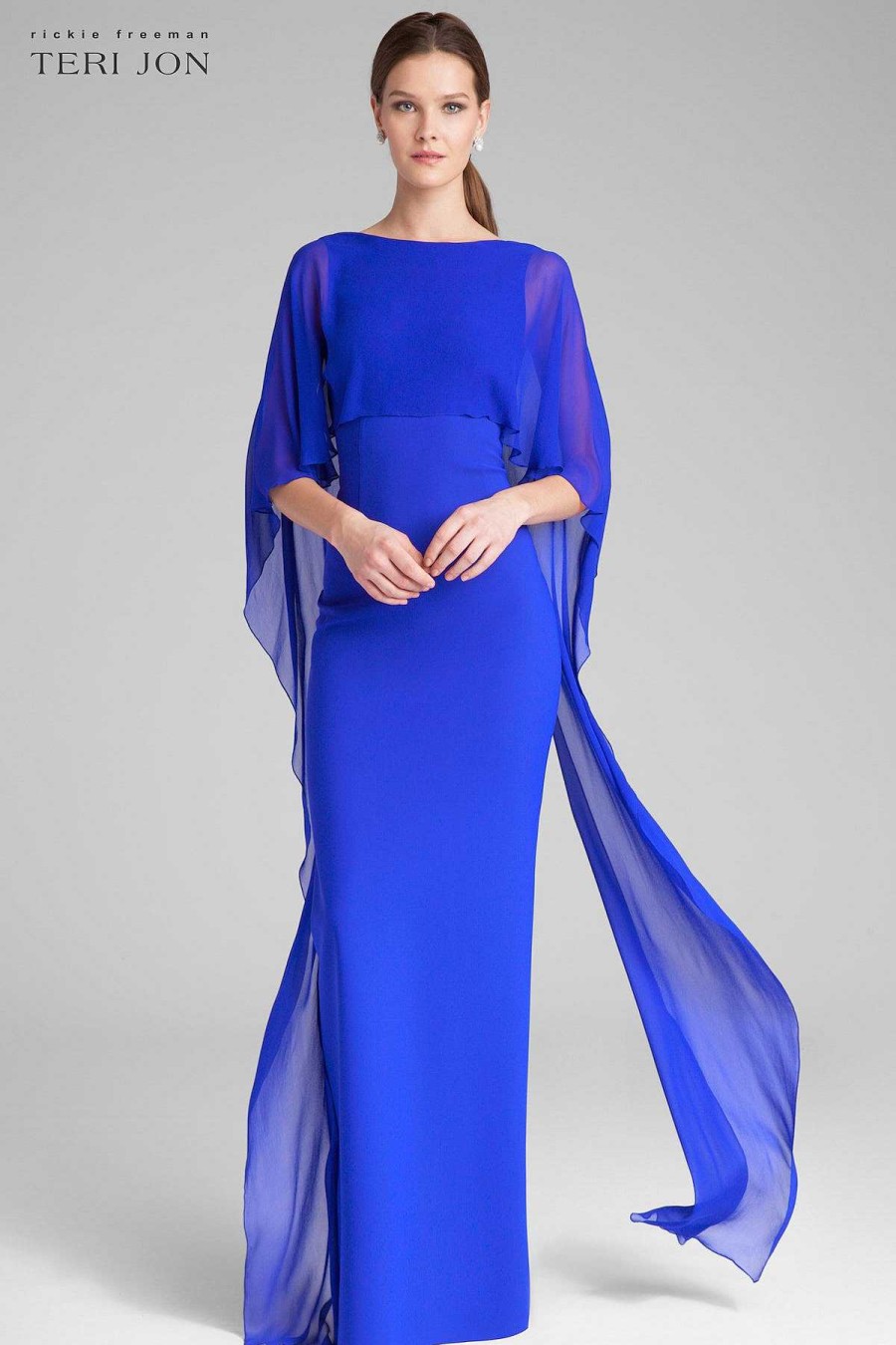 Clothing Teri Jon | Scuba Gown With Chiffon Cape