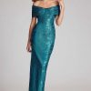 Clothing Teri Jon | Off Shoulder Metallic Jacquard Pleat Bust Gown Teal