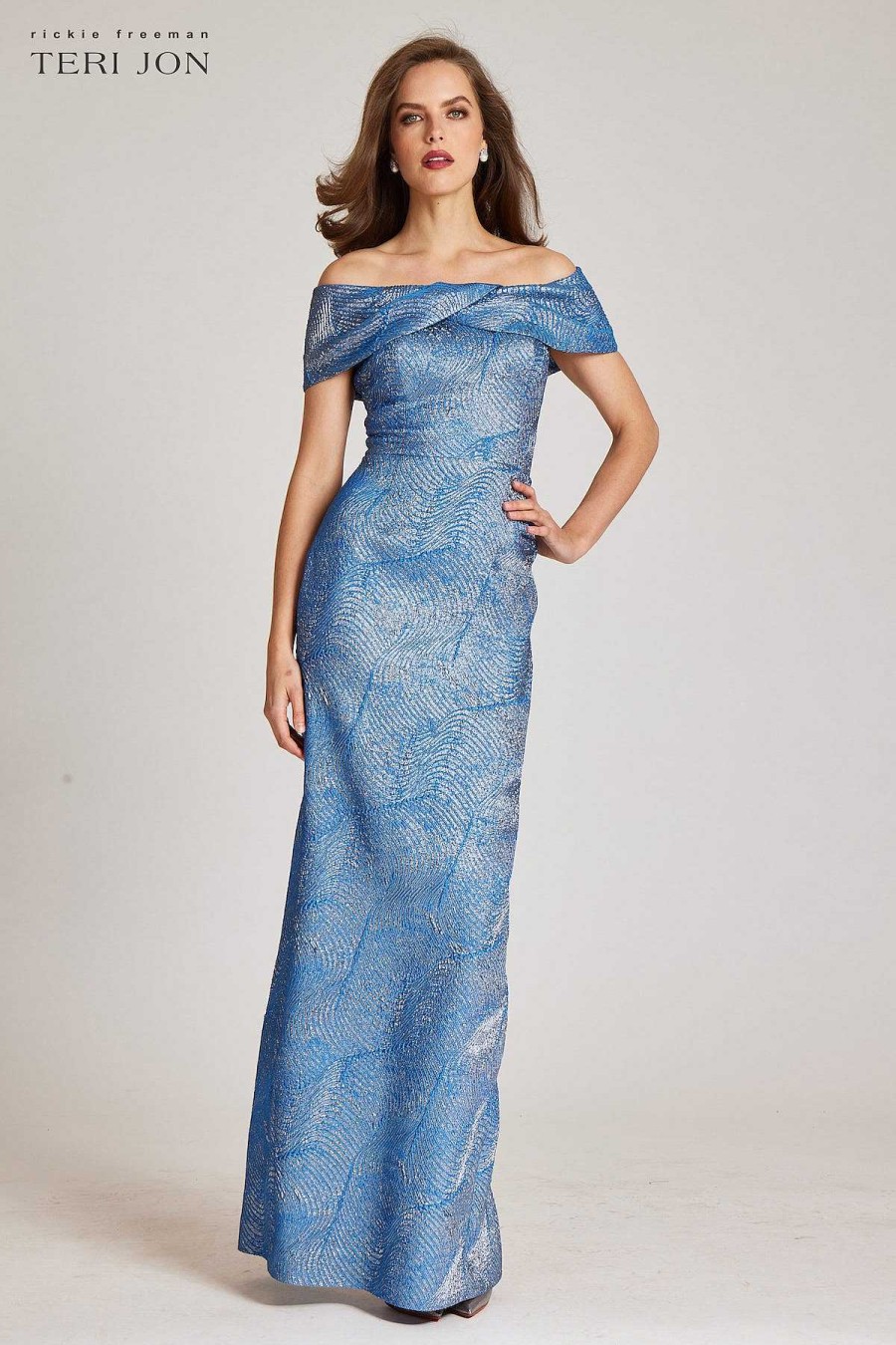 Clothing Teri Jon | Off Shoulder Metallic Jacquard Swirl Pattern Blue Multi