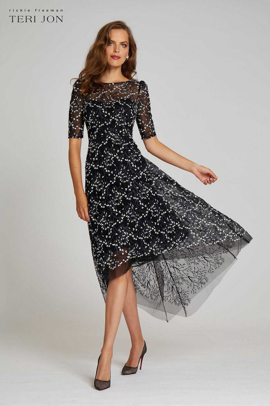 Clothing Teri Jon | Lace Short Sleeve High Low Dress Black Multi