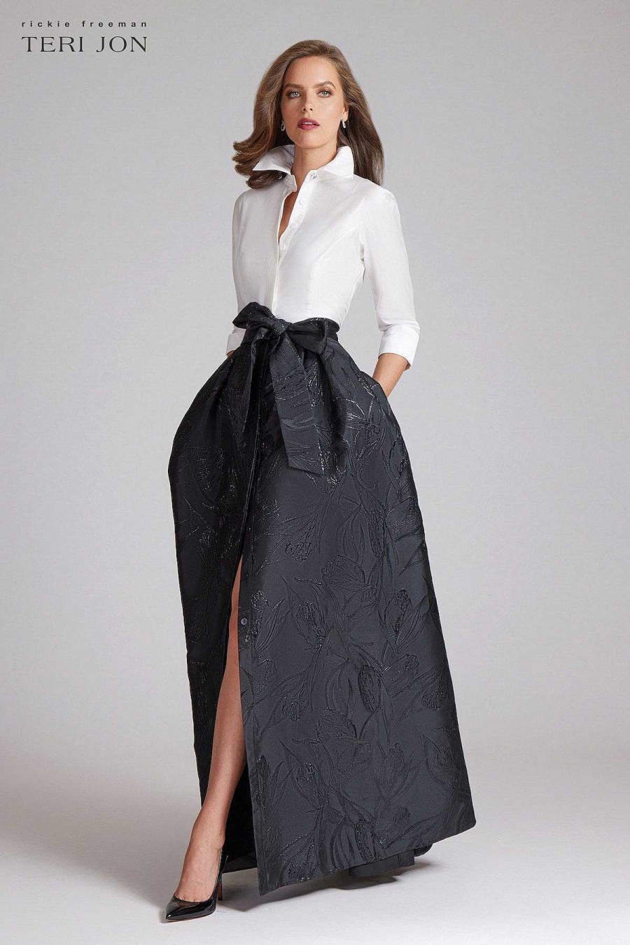 Clothing Teri Jon | Taffeta Shirt Gown With Textured Jacquard Skirt White Black