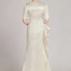 Clothing Teri Jon | Metallic Jacquard Elbow Sleeve Jewel Neckline Gown Gold