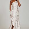 Clothing Teri Jon | Jacquard One Shoulder Side Ruffle Gown