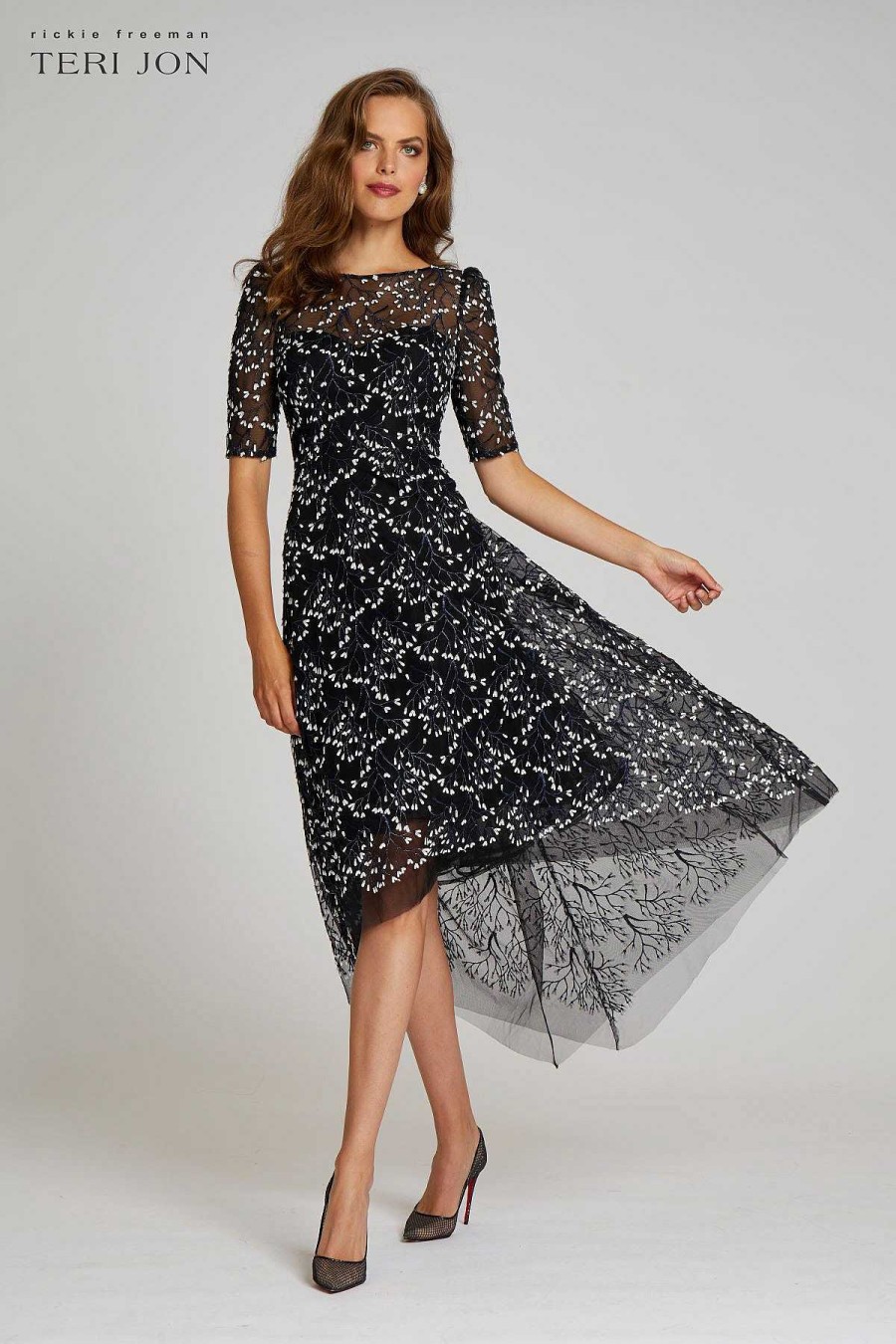 Clothing Teri Jon | Lace Short Sleeve High Low Dress Black Multi