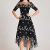 Clothing Teri Jon | Floral 2 Tone Elbow Sleeve Lace High Low Dress Black White