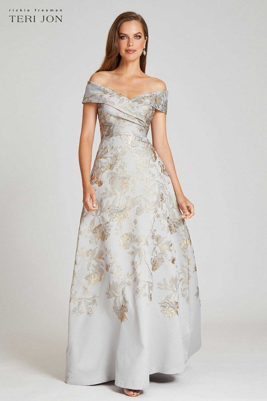 Clothing Teri Jon | Off Shoulder Metallic Jacquard A Line Gown