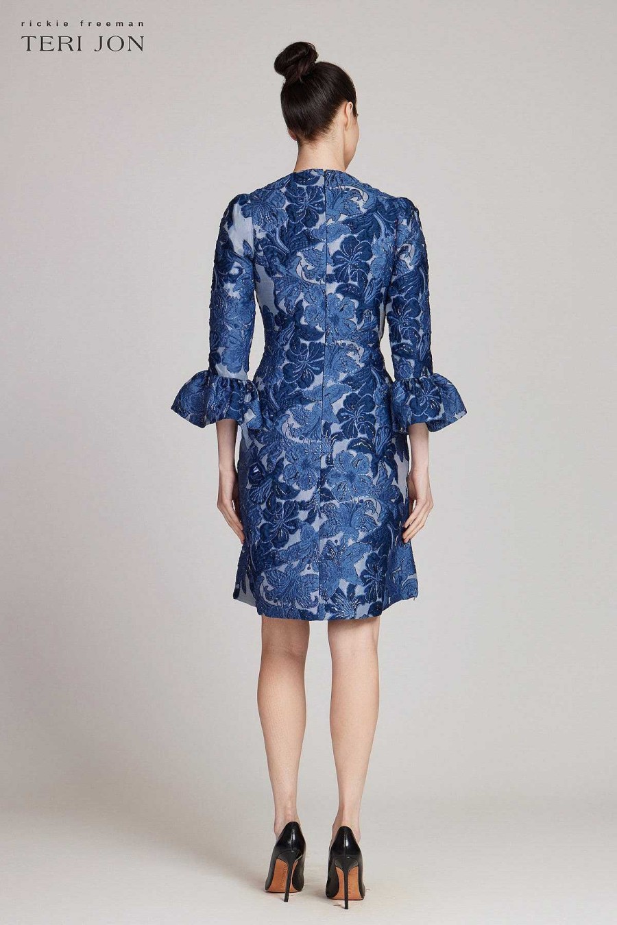 Clothing Teri Jon | Jacquard Floral 3/4 Sleeve Flounce Cuff Dress Blue Multi