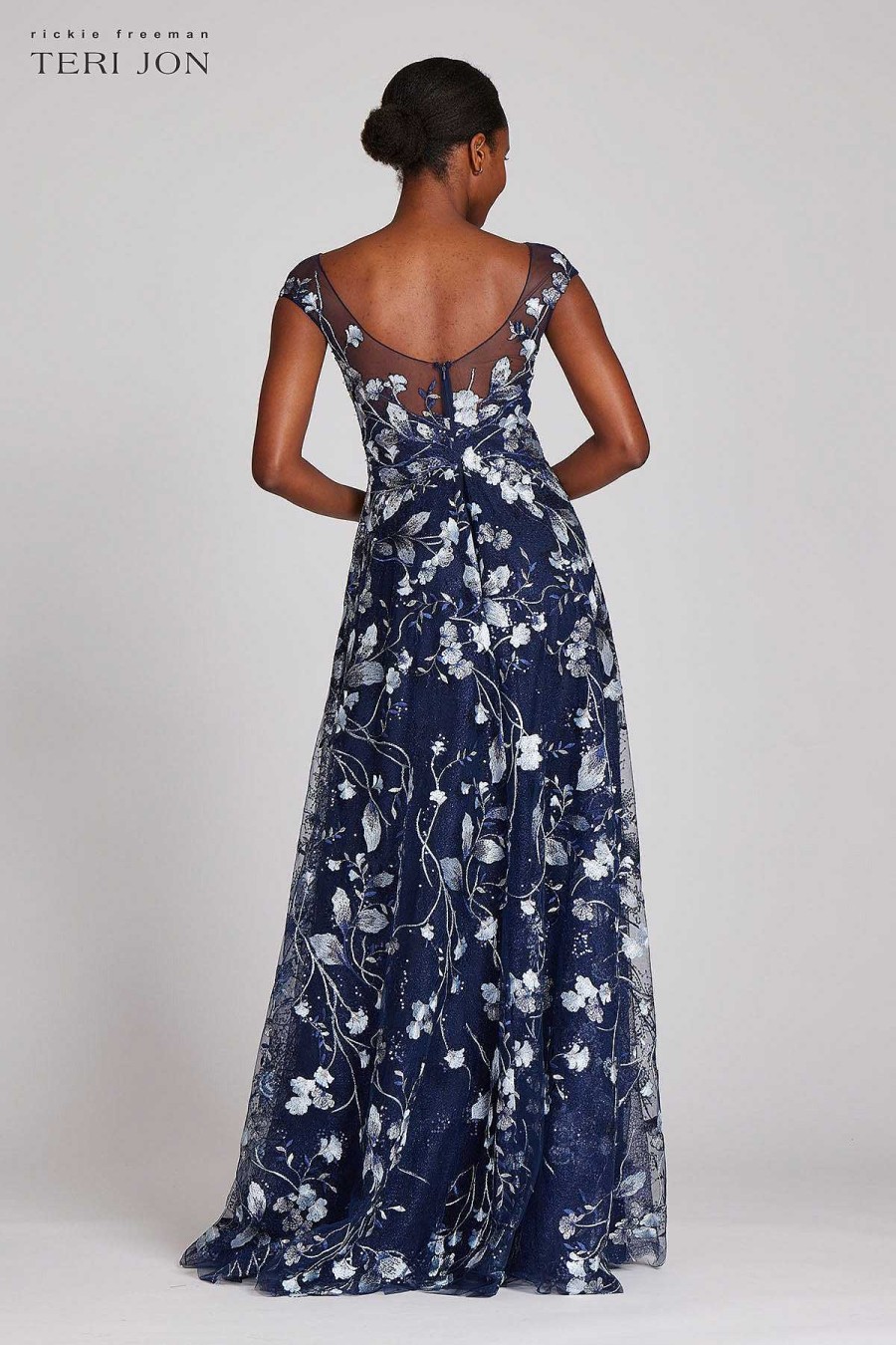 Clothing Teri Jon | Embroidered Lace Illusion Gown Navy/Silver