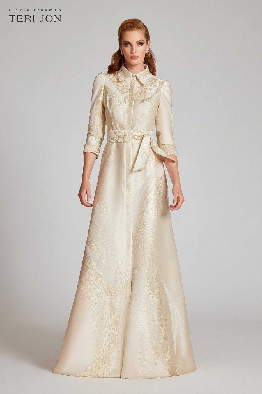 Clothing Teri Jon | Metallic Jacquard Shirtdress Gown Gold