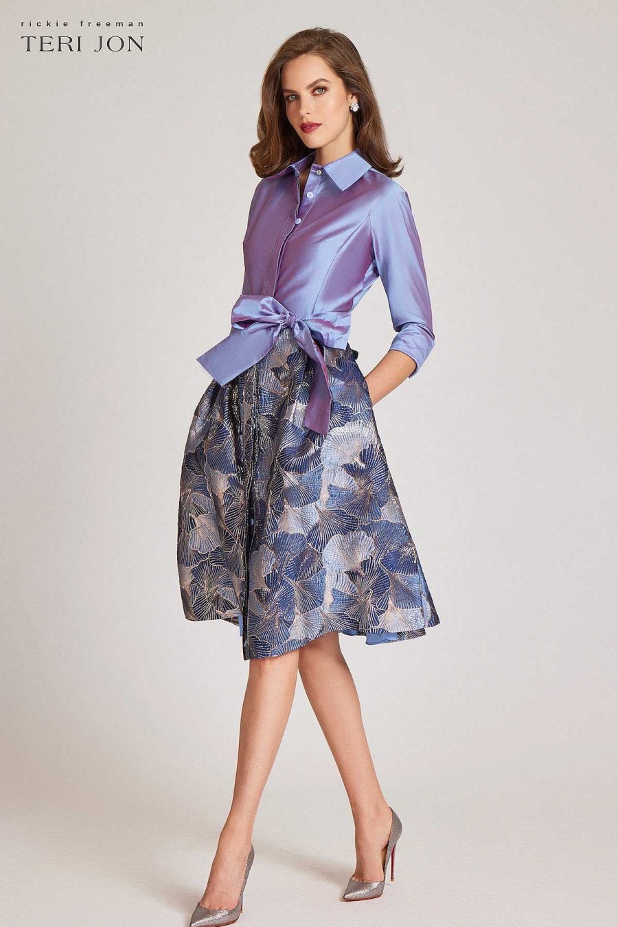 Clothing Teri Jon | Shirt Dress Taffeta Top With Jacquard Skirt Steel Multi