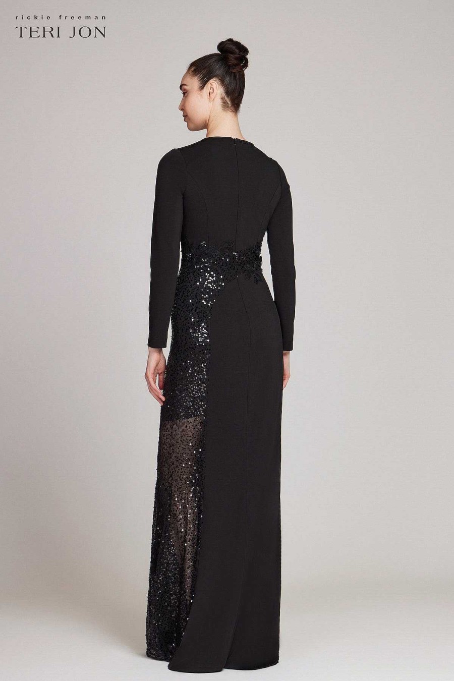 Clothing Teri Jon | Crepe Long Sleeve With Sequin Lace Gown Black