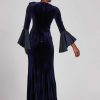 Clothing Teri Jon | Velvet Column Gown With Floral Applique Shoulder