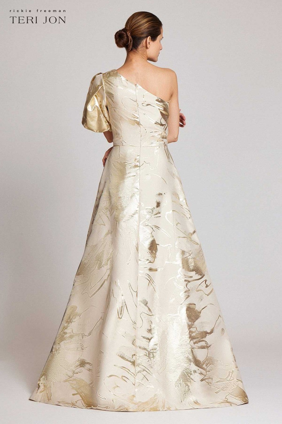 Clothing Teri Jon | One Shoulder Puff Sleeve Patterned A-Line Gown Ivory/Gold