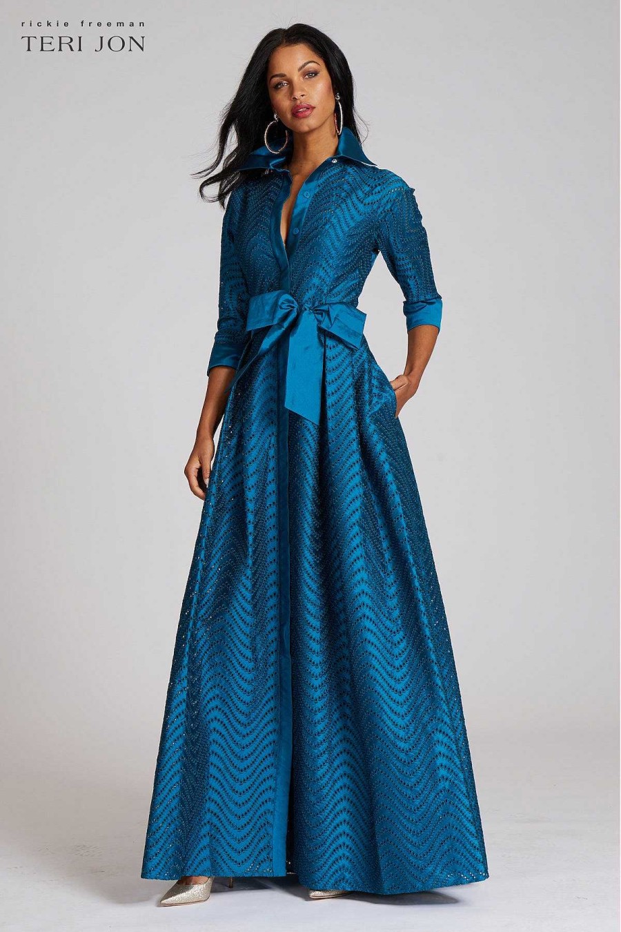 Clothing Teri Jon | Shirt Waist Taffeta Chevron Pattern Eyelet Gown