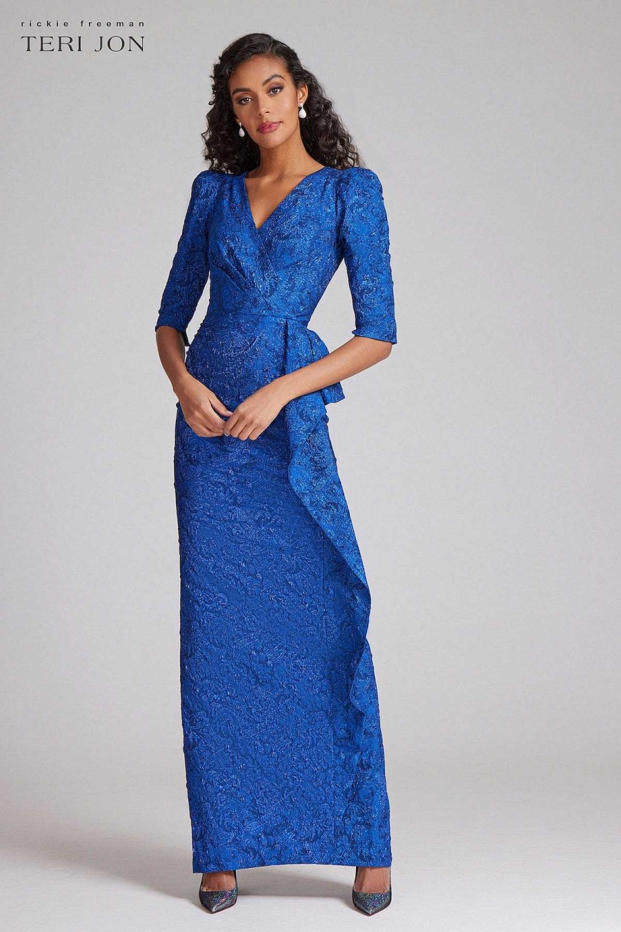 Clothing Teri Jon | Peplum Stretch Metallic Jacquard Gown Cobalt