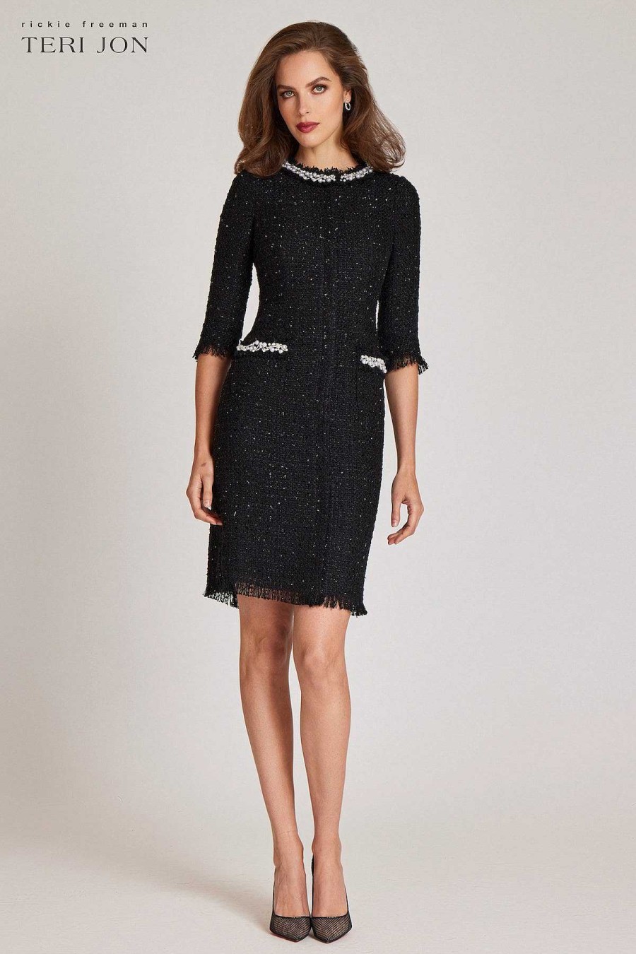 Clothing Teri Jon | Metallic Boucle Pearl Trim Cocktail Dress Black