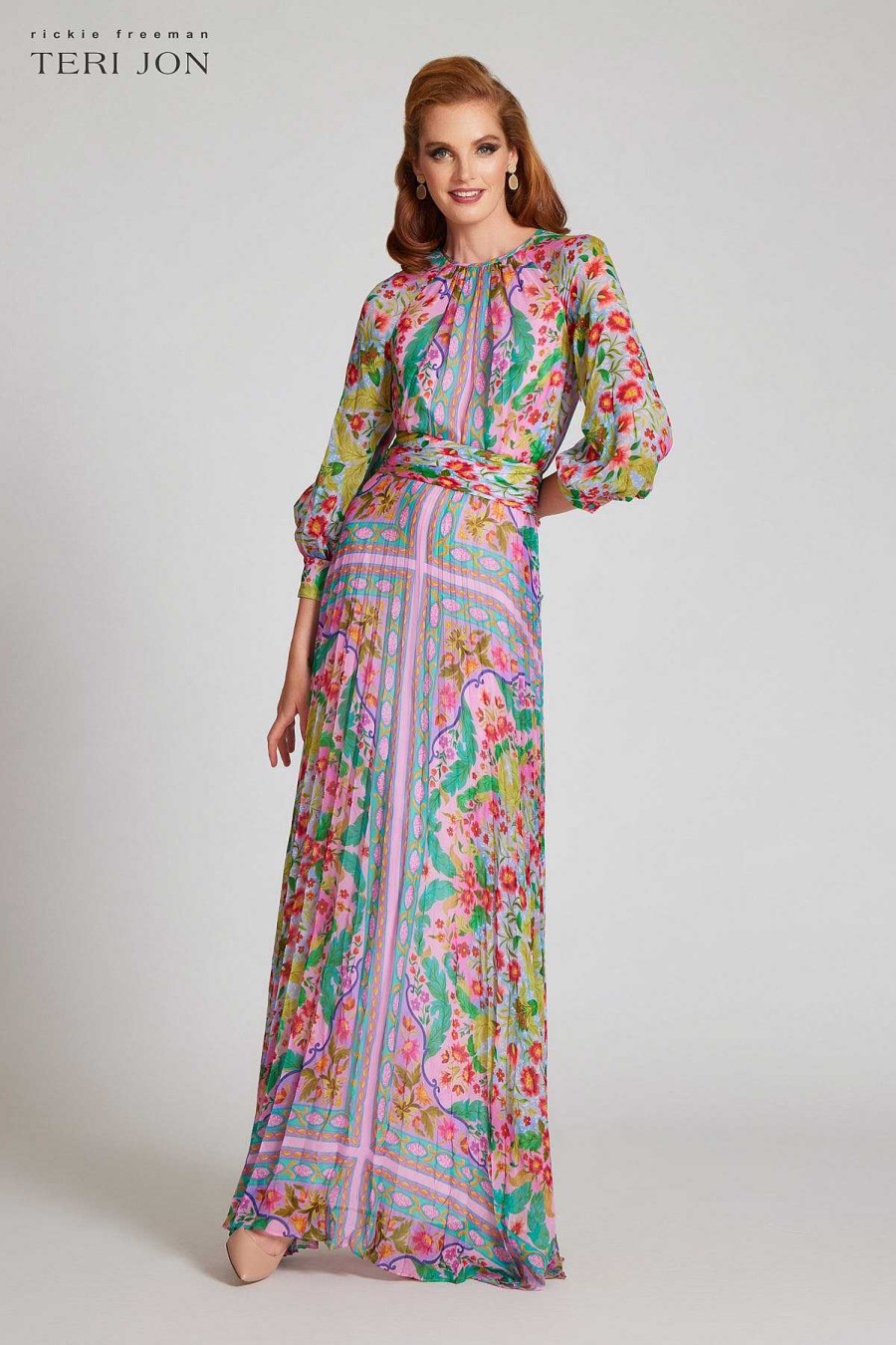 Clothing Teri Jon | Patchwork Printed Chiffon Pleated Gown Pink Multi