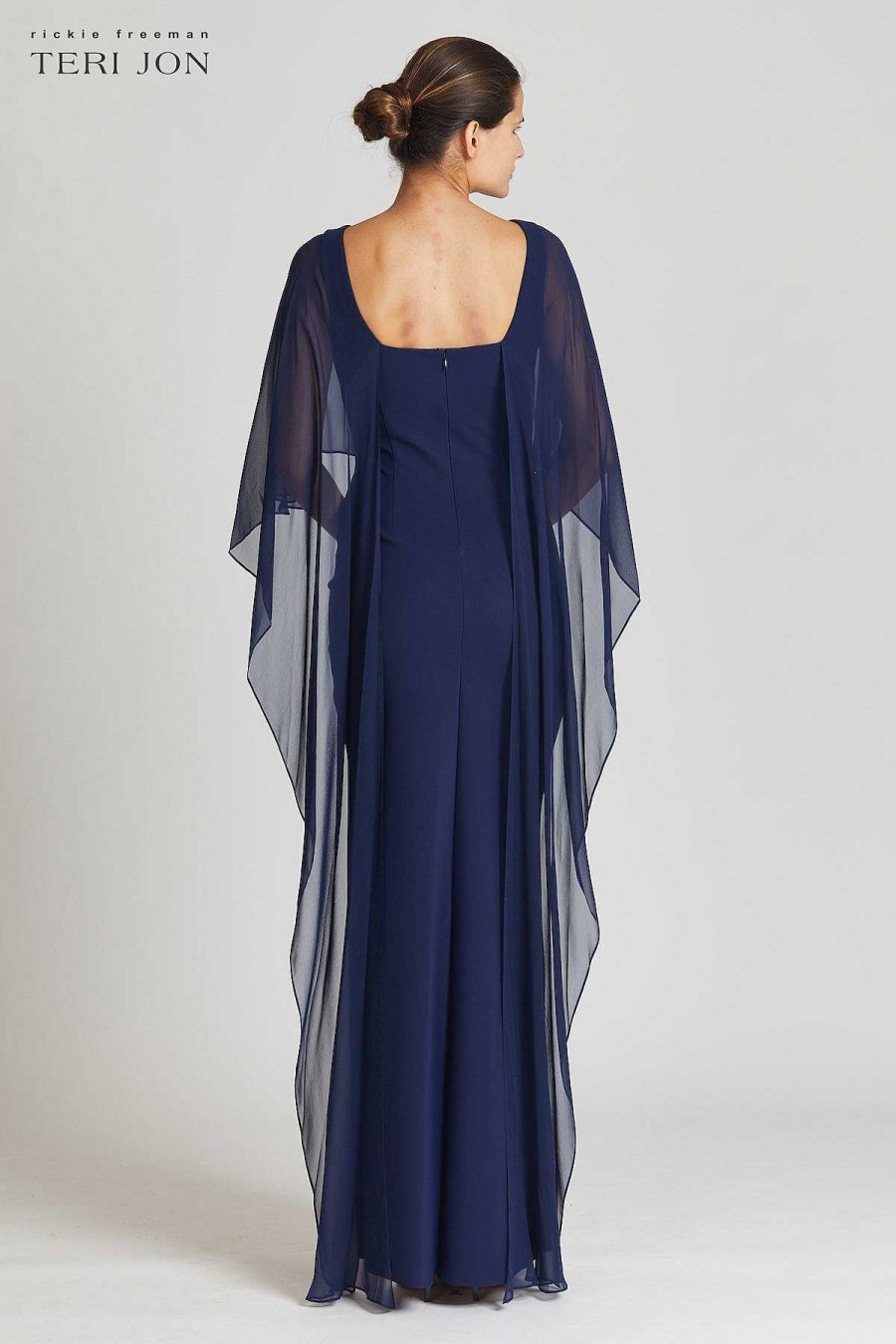 Clothing Teri Jon | Scuba Gown With Chiffon Cape