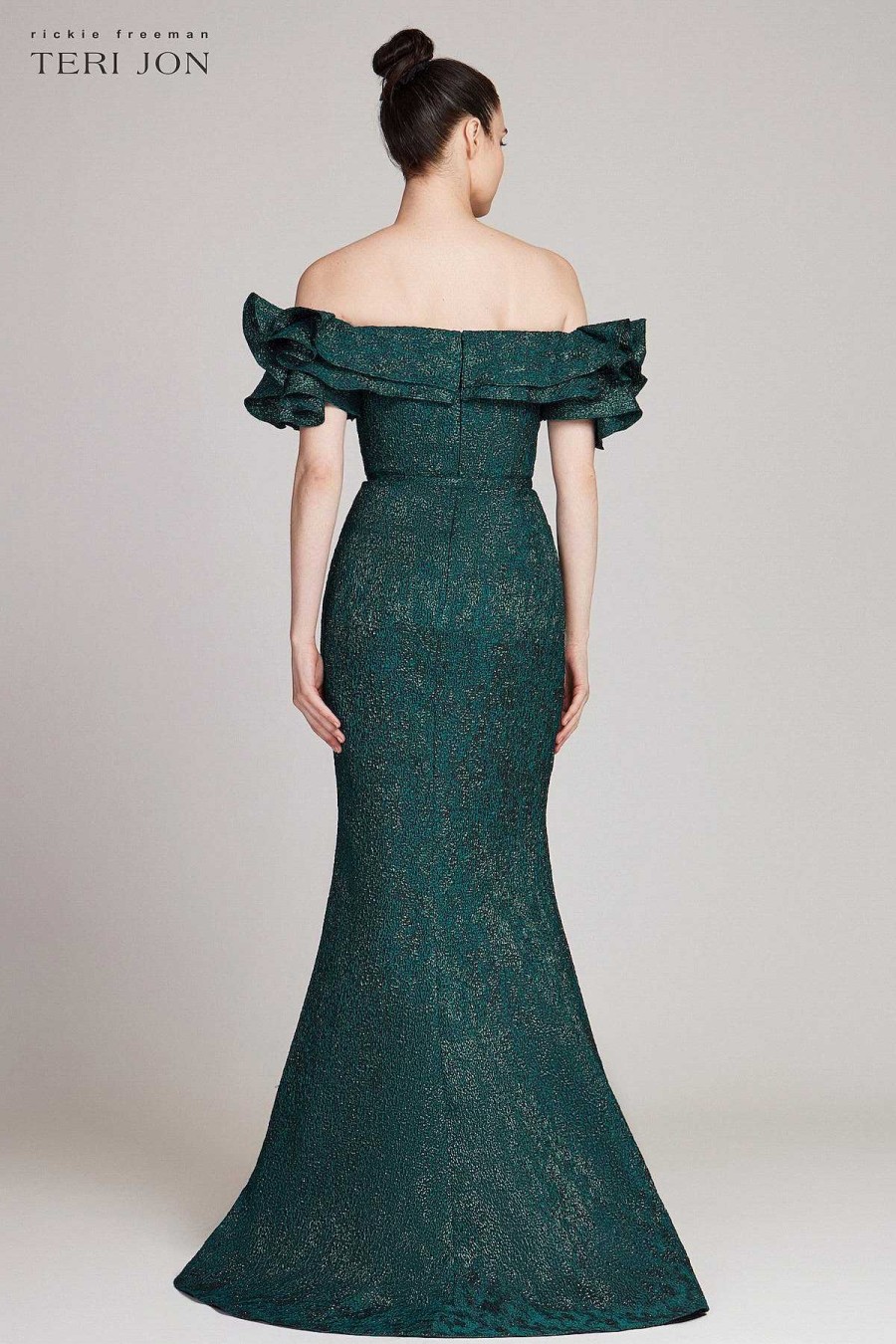 Clothing Teri Jon | Ruffle Off Shoulder Metallic Jacquard Gown Teal