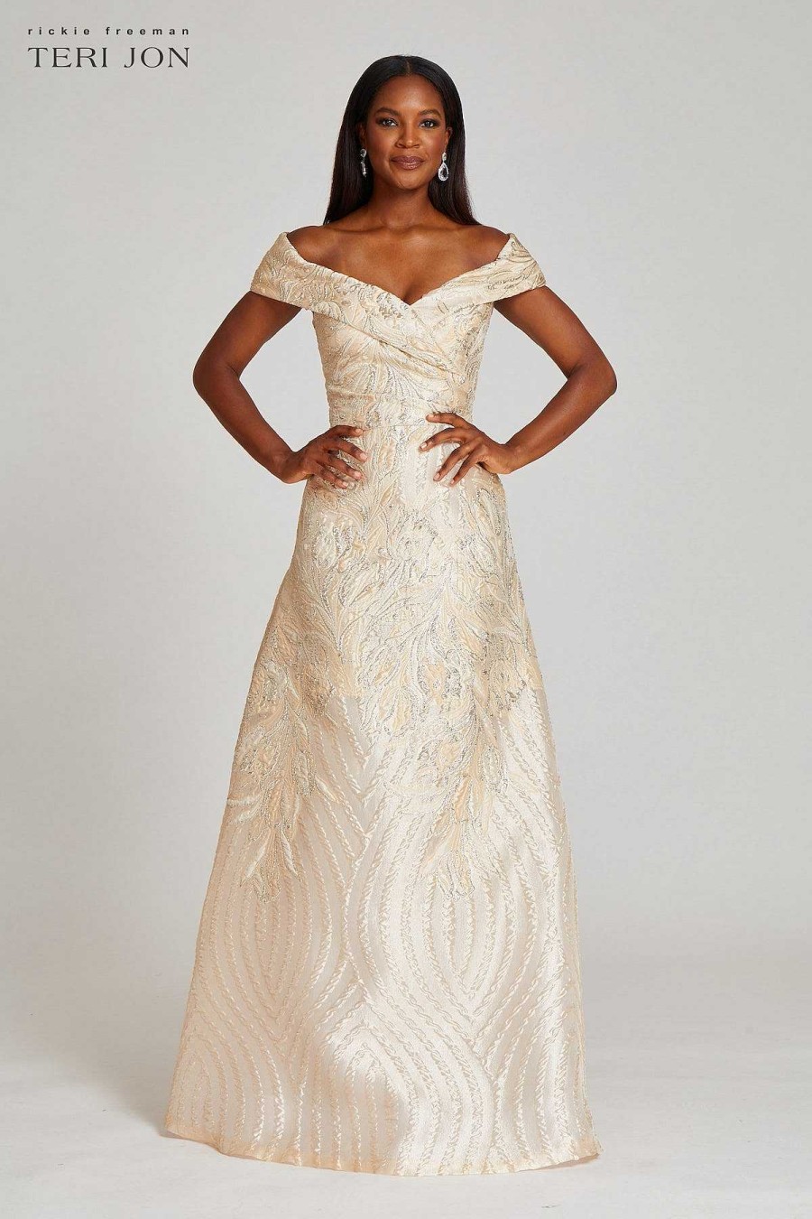 Clothing Teri Jon | Off Shoulder Textured Metallic Jacquard Gown