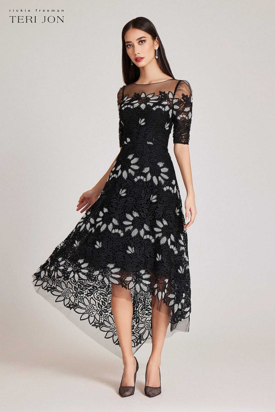 Clothing Teri Jon | Floral 2 Tone Elbow Sleeve Lace High Low Dress Black White